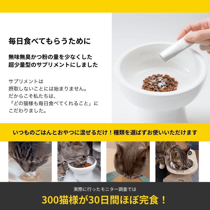 Catlogケア乳酸菌 無味無臭食いつきテスト完食率100%
